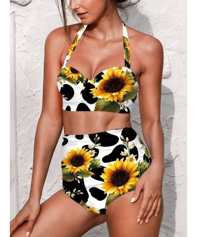 Womens Summer Bikini High Waisted Swimsuits Fashion Design Two Piece Bathing Suits Tummy Control Swimwear Cow & Sunflowers - ...