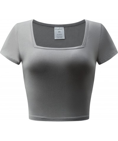 Women's Short Sleeve Square Neck Crop Top Basic Comfy Stretch Tee Grey $10.00 T-Shirts