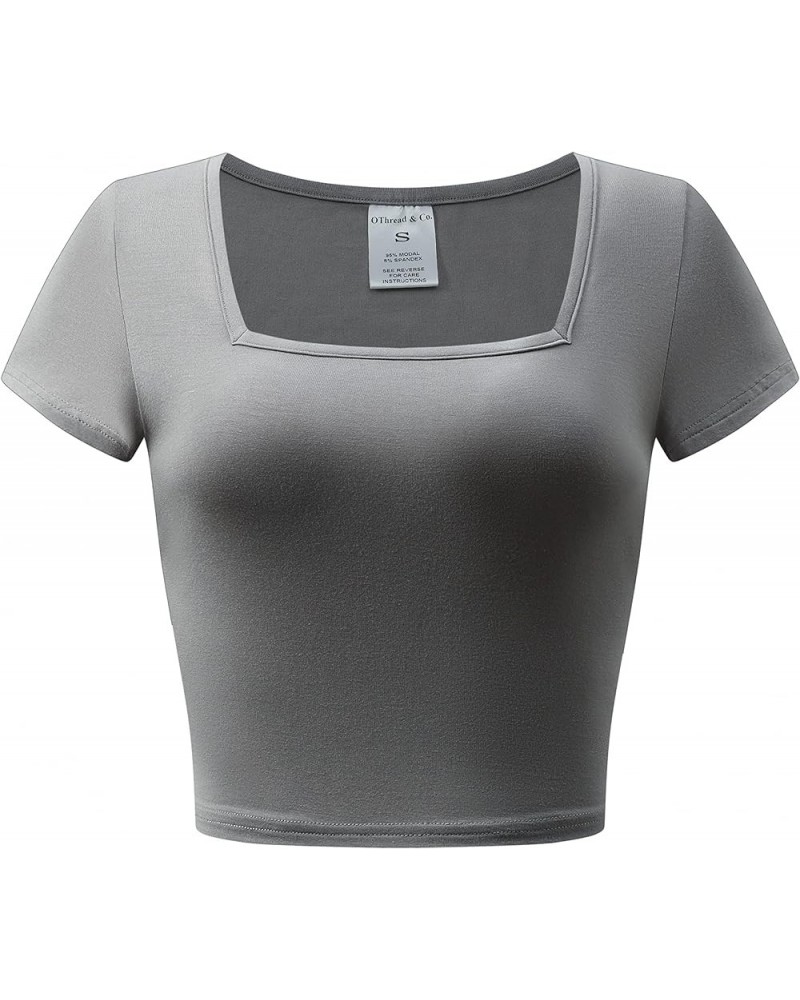 Women's Short Sleeve Square Neck Crop Top Basic Comfy Stretch Tee Grey $10.00 T-Shirts