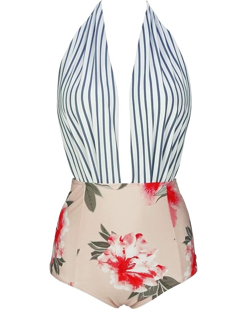 Retro One Piece Backless Bather Swimsuit High Waisted Pin Up Swimwear(FBA) Stripe Pink $15.48 Swimsuits