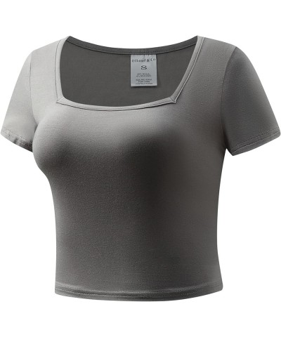 Women's Short Sleeve Square Neck Crop Top Basic Comfy Stretch Tee Grey $10.00 T-Shirts