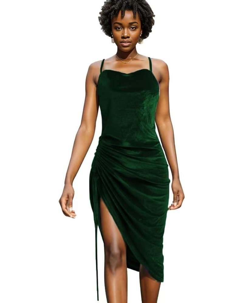 Women's Spaghetti Strap Satin Dress Sexy Backless Drawstring Ruched Split Hem Cocktail Evening Party 9468-green $20.15 Dresses