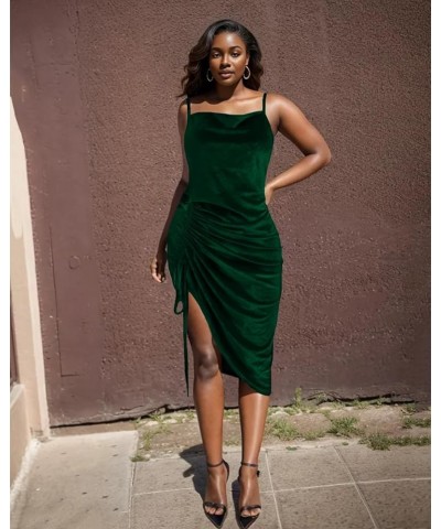 Women's Spaghetti Strap Satin Dress Sexy Backless Drawstring Ruched Split Hem Cocktail Evening Party 9468-green $20.15 Dresses