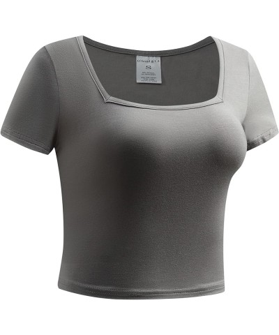 Women's Short Sleeve Square Neck Crop Top Basic Comfy Stretch Tee Grey $10.00 T-Shirts