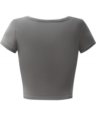 Women's Short Sleeve Square Neck Crop Top Basic Comfy Stretch Tee Grey $10.00 T-Shirts