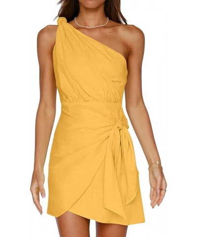 Womens One Shoulder Mini Dress 2023 Summer Wrap Ruched Tie Waist Short Dress Yellow $14.49 Dresses