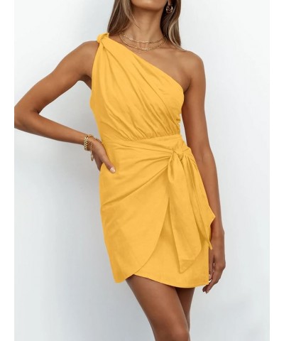 Womens One Shoulder Mini Dress 2023 Summer Wrap Ruched Tie Waist Short Dress Yellow $14.49 Dresses