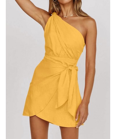 Womens One Shoulder Mini Dress 2023 Summer Wrap Ruched Tie Waist Short Dress Yellow $14.49 Dresses