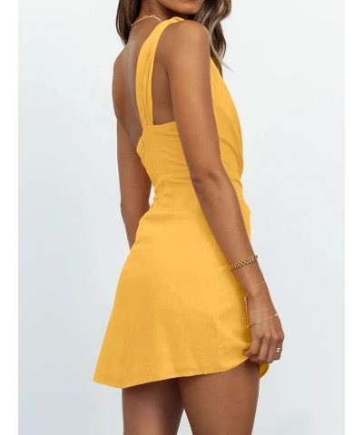 Womens One Shoulder Mini Dress 2023 Summer Wrap Ruched Tie Waist Short Dress Yellow $14.49 Dresses