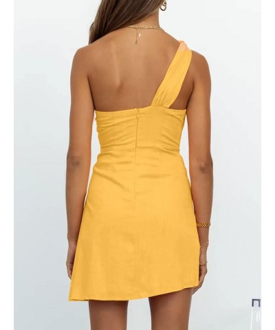 Womens One Shoulder Mini Dress 2023 Summer Wrap Ruched Tie Waist Short Dress Yellow $14.49 Dresses