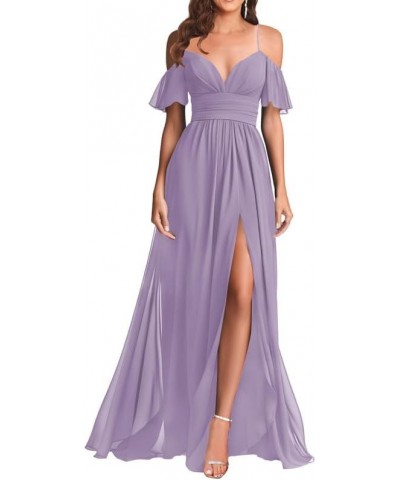 V Neck Off Shoulder Bridesmaid Dresses - Long Formal Dress for Wedding Chiffon Wisteria $34.57 Dresses