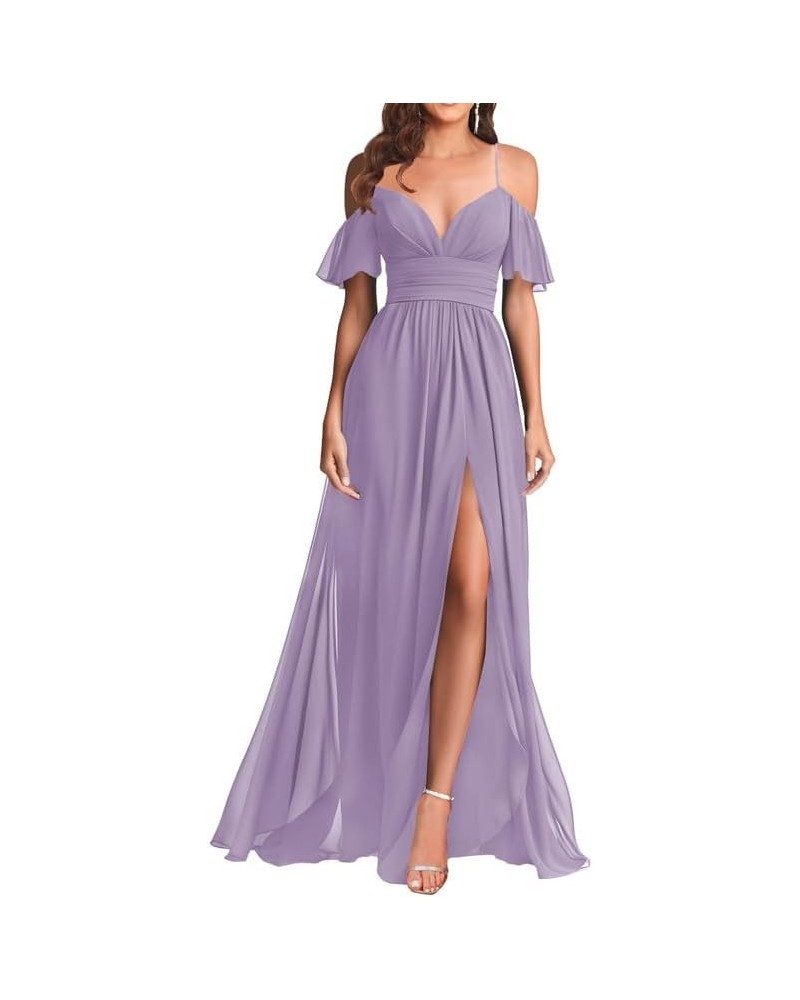 V Neck Off Shoulder Bridesmaid Dresses - Long Formal Dress for Wedding Chiffon Wisteria $34.57 Dresses