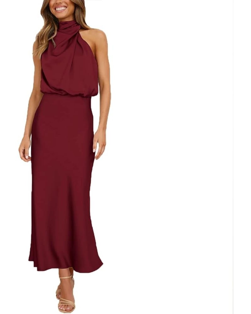 Women's Elegant Dress Sleeveless Satin Dress Formal for Wedding Guest Cocktail Party Wine Red $18.86 Dresses