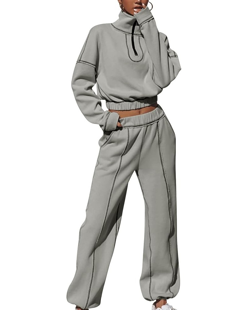 Women's Fleece Two Piece Outfit Half Zip Sweatshirt And Joggers Pants Set Tracksuit 02light Grey $28.59 Hoodies & Sweatshirts