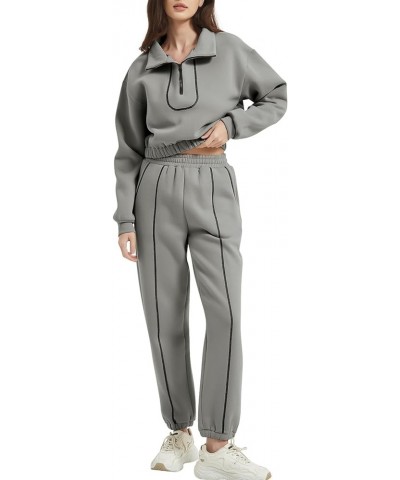 Women's Fleece Two Piece Outfit Half Zip Sweatshirt And Joggers Pants Set Tracksuit 02light Grey $28.59 Hoodies & Sweatshirts