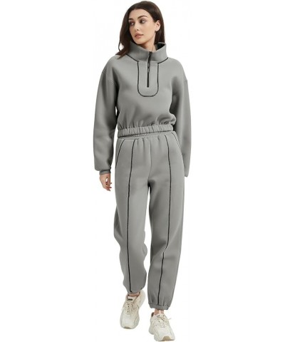 Women's Fleece Two Piece Outfit Half Zip Sweatshirt And Joggers Pants Set Tracksuit 02light Grey $28.59 Hoodies & Sweatshirts