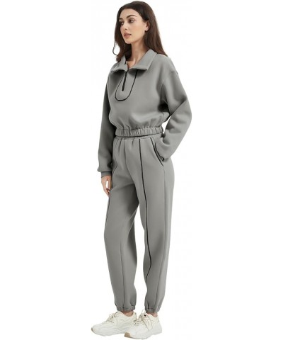 Women's Fleece Two Piece Outfit Half Zip Sweatshirt And Joggers Pants Set Tracksuit 02light Grey $28.59 Hoodies & Sweatshirts