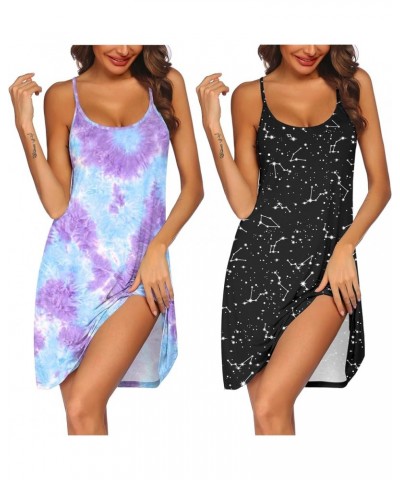 2 Pack Nightgown for Womens Nightshirt Sleepwear Sleep Tank Chemise Racerback Sleeveless Dress 2 Pack-puple Tie Dye&star Prin...