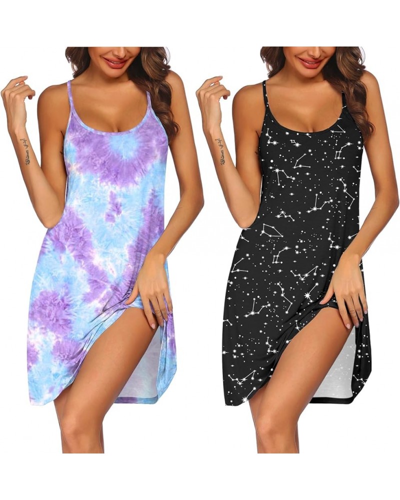 2 Pack Nightgown for Womens Nightshirt Sleepwear Sleep Tank Chemise Racerback Sleeveless Dress 2 Pack-puple Tie Dye&star Prin...