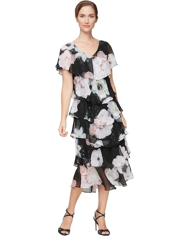 Women's Long V-Neck Ruffle Tiered Dress Black Multi $38.15 Dresses