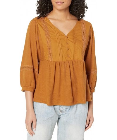 Women's Long Sleeve Waffle Knit Top with Crochet Trim Loop Orange $13.88 Tops