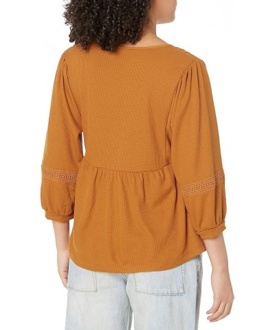 Women's Long Sleeve Waffle Knit Top with Crochet Trim Loop Orange $13.88 Tops