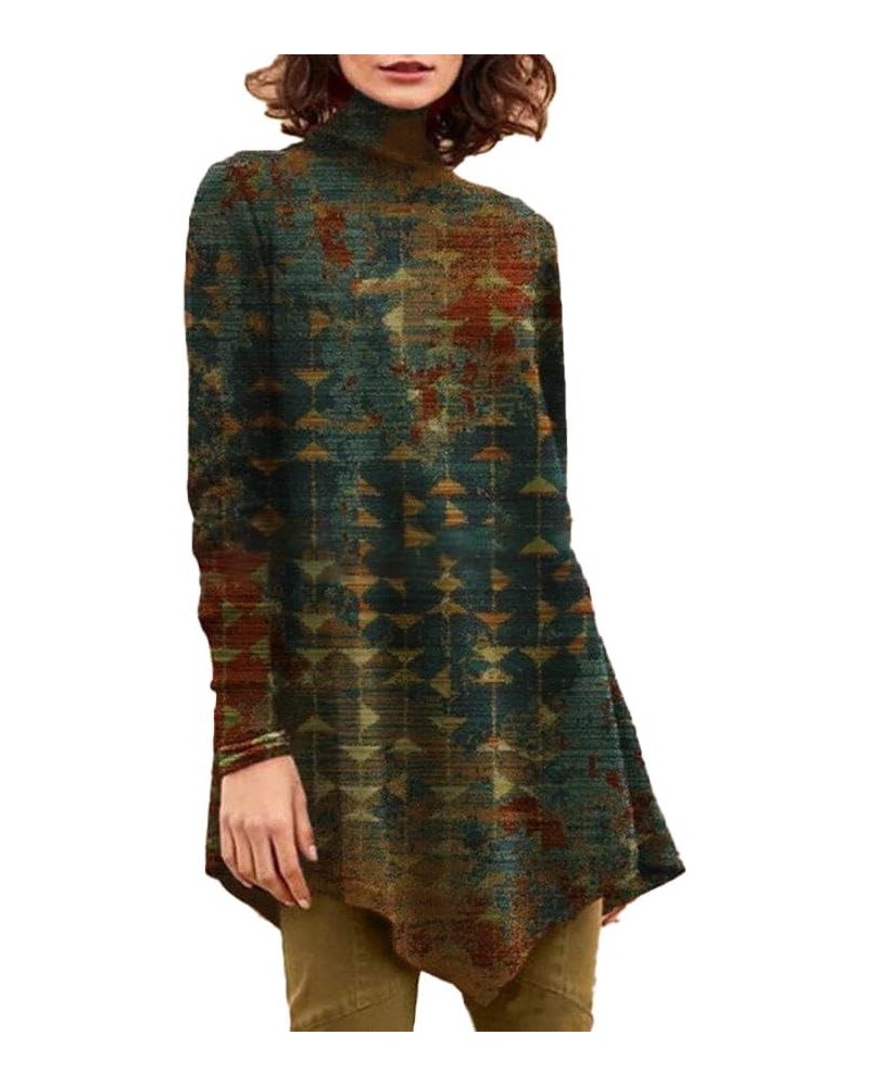 Women Boho Floral Print Turtleneck Long Sleeve Top Vintage Abstract Ethnic Loose Blouse Asymmetrical Hem Tunic Shirt Deep Gre...