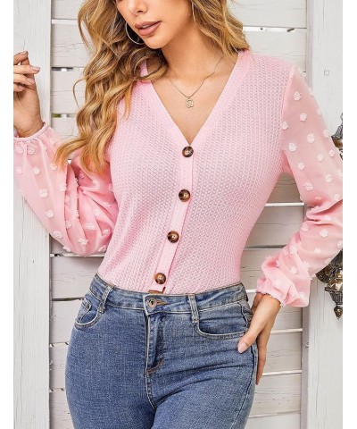 Women's V Neck Lace Patchwork Long Sleeve Ribbed Knit Pullover Sweater Tops Shirts Light Pink-button Down Tops $12.25 Sweaters