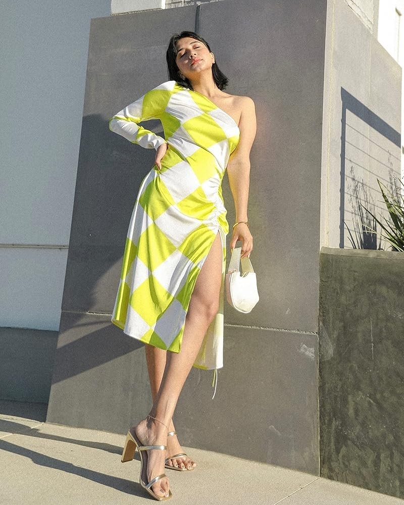 Women's Geometric Print One-Sleeve Silky Midi Dress Sulphur Spring/Ivory $11.84 Dresses