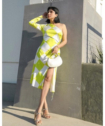 Women's Geometric Print One-Sleeve Silky Midi Dress Sulphur Spring/Ivory $11.84 Dresses