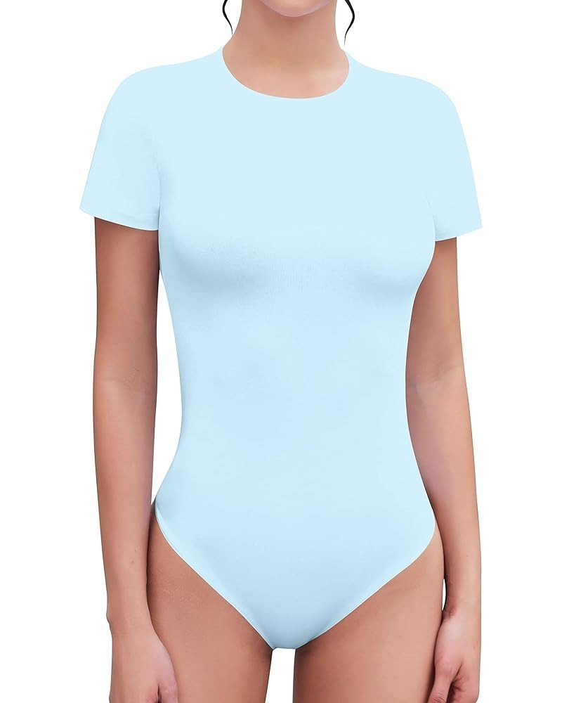 Women's Crew Neck Short Sleeve Slim Fit T Shirts tops Basic Bodysuit Leotard Clothing Short Sleeve Light Blue 02 $10.42 Bodys...