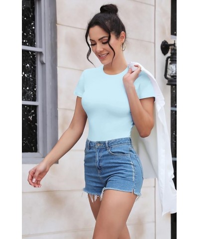 Women's Crew Neck Short Sleeve Slim Fit T Shirts tops Basic Bodysuit Leotard Clothing Short Sleeve Light Blue 02 $10.42 Bodys...