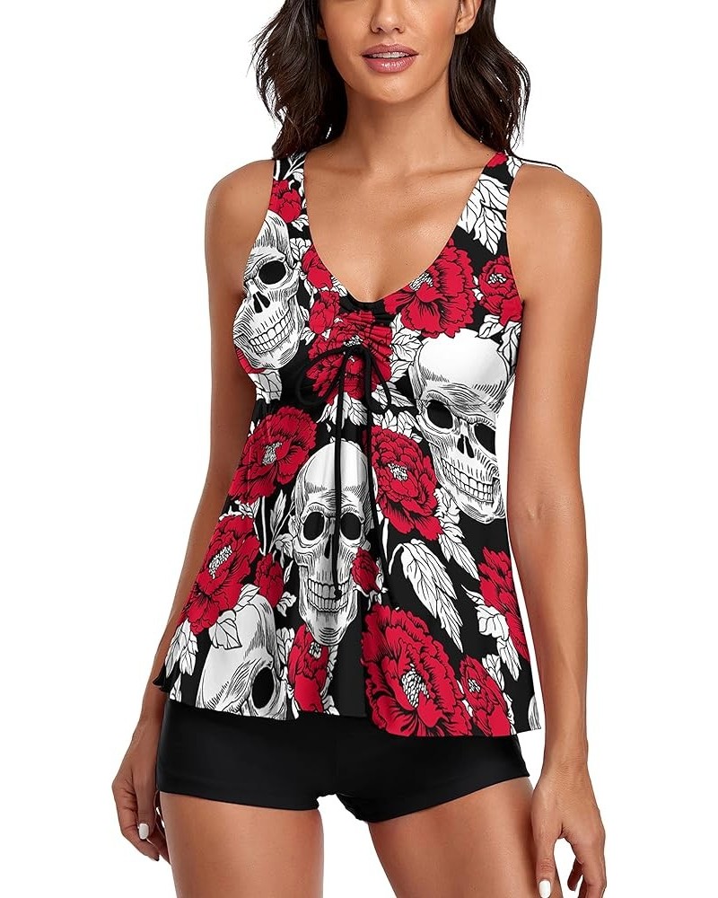 Tummy Control Tankini Bathing Suits for Women 2 Piece Swimsuits Tank Top with Boyshorts Vintage Skull $16.11 Swimsuits