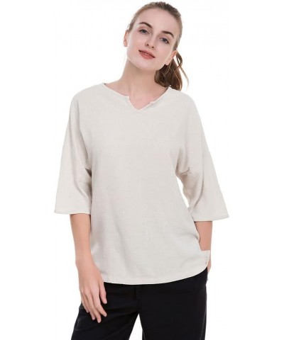 Women's Essential Casual Loose Solid Cotton Linen Tops Blouses Beige $13.16 Blouses