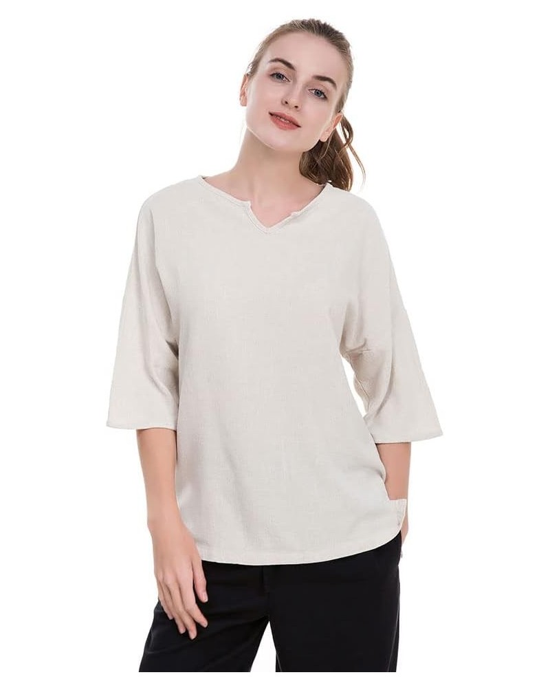 Women's Essential Casual Loose Solid Cotton Linen Tops Blouses Beige $13.16 Blouses