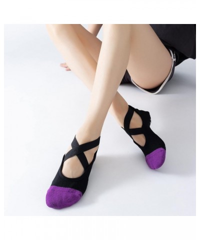 Yoga Pilates Socks with Grips Cross Band for Women Non Slip Cushioned Ankle Socks for Barre Ballet Dance Purple $8.84 Activewear