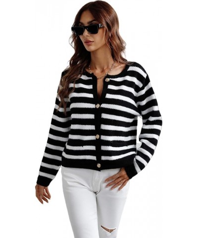 Women Button Down Knitwear Casual Long Sleeve Striped Knit Cardigan Sweater with Pockets Black $13.49 Sweaters