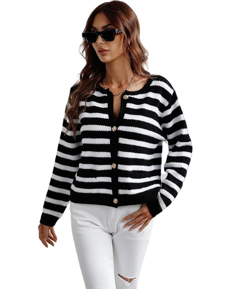 Women Button Down Knitwear Casual Long Sleeve Striped Knit Cardigan Sweater with Pockets Black $13.49 Sweaters