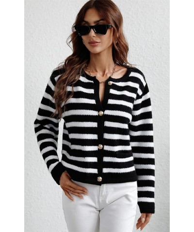 Women Button Down Knitwear Casual Long Sleeve Striped Knit Cardigan Sweater with Pockets Black $13.49 Sweaters