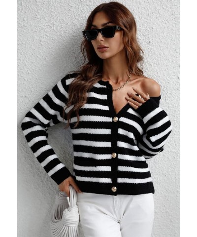 Women Button Down Knitwear Casual Long Sleeve Striped Knit Cardigan Sweater with Pockets Black $13.49 Sweaters