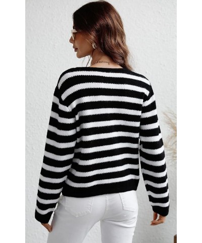 Women Button Down Knitwear Casual Long Sleeve Striped Knit Cardigan Sweater with Pockets Black $13.49 Sweaters