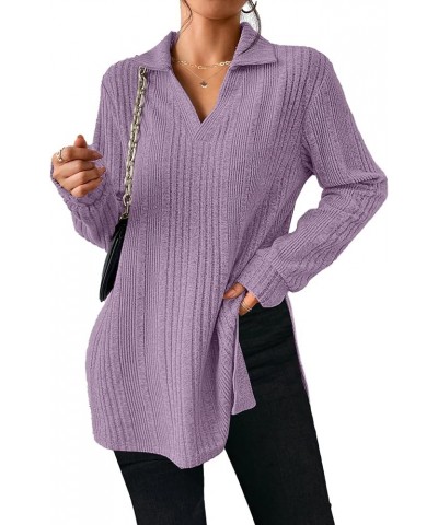 Long Sleeve Shirts for Women 2023 Fall Lapel Collar V Neck Tunic Tops Side Slit Purple-01 $12.25 Tops