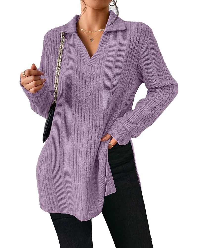 Long Sleeve Shirts for Women 2023 Fall Lapel Collar V Neck Tunic Tops Side Slit Purple-01 $12.25 Tops