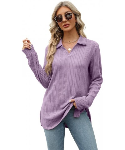 Long Sleeve Shirts for Women 2023 Fall Lapel Collar V Neck Tunic Tops Side Slit Purple-01 $12.25 Tops