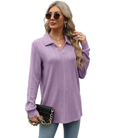 Long Sleeve Shirts for Women 2023 Fall Lapel Collar V Neck Tunic Tops Side Slit Purple-01 $12.25 Tops