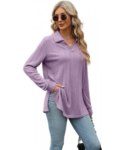 Long Sleeve Shirts for Women 2023 Fall Lapel Collar V Neck Tunic Tops Side Slit Purple-01 $12.25 Tops