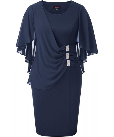 Women's Plus Size Chiffon Ruffle Flattering Cape Sleeve Bodycon Pencil Dress Cotton Navy Blue $20.09 Dresses