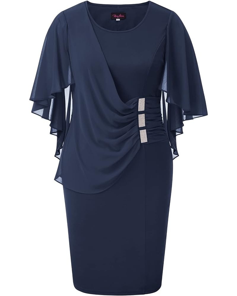 Women's Plus Size Chiffon Ruffle Flattering Cape Sleeve Bodycon Pencil Dress Cotton Navy Blue $20.09 Dresses