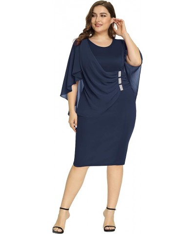 Women's Plus Size Chiffon Ruffle Flattering Cape Sleeve Bodycon Pencil Dress Cotton Navy Blue $20.09 Dresses