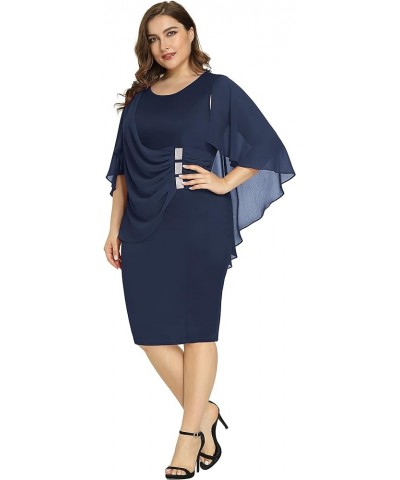 Women's Plus Size Chiffon Ruffle Flattering Cape Sleeve Bodycon Pencil Dress Cotton Navy Blue $20.09 Dresses